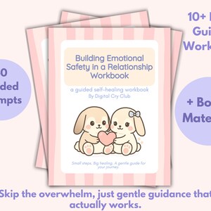 Può includere: Una pila di quaderni con una copertina a righe rosa e bianche. La copertina presenta il titolo "Building Emotional Safety in a Relationship Workbook" e un'illustrazione di due coniglietti dei cartoni animati che tengono un cuore. Il testo include "40 Guided Prompts" e "10+ Page Guided Workbook".