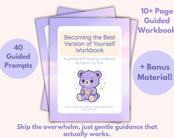 Puede incluir: Una pila de cuadernos de trabajo con el título "Becoming the Best Version of Yourself Workbook". La portada presenta un oso morado sosteniendo una estrella. El texto incluye "40 Guided Prompts" y "10+ Page Guided Workbook".