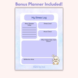 Op de afbeelding: Een digitale plannerpagina met een lichtpaars en blauw aquarelontwerp. De planner bevat secties voor het volgen van stressniveaus, stemming en reflectienotities. Een schattige cartoon eend met een strikje staat in de rechter benedenhoek. Tekst bevat "My Stress Log".