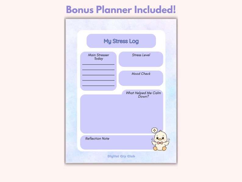 Op de afbeelding: Een digitale plannerpagina met een lichtpaars en blauw aquarelontwerp. De planner bevat secties voor het volgen van stressniveaus, stemming en reflectienotities. Een schattige cartoon eend met een strikje staat in de rechter benedenhoek. Tekst bevat "My Stress Log".