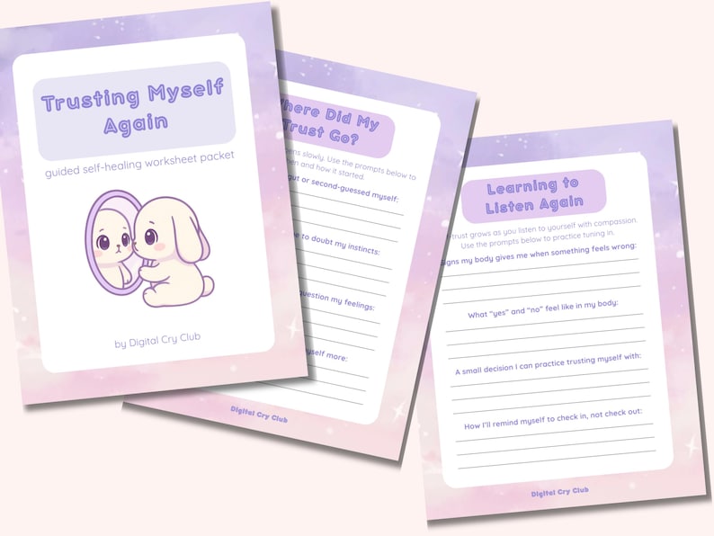 Puede incluir: Un conjunto de hojas de trabajo de autocuraci&oacute;n en tonos morados y blancos. La hoja superior dice "Trusting Myself Again" con un conejito de dibujos animados. Otras hojas incluyen indicaciones.