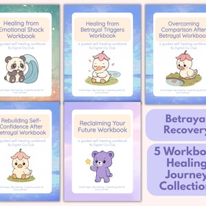 Puede incluir: Una colección de cinco cuadernos con cubiertas azules pastel. Cada cuaderno presenta una ilustración de animal de dibujos animados y un título, como "Healing from Emotional Shock Workbook". La colección se titula "Betrayal Recovery: 5 Workbook Healing Journey Collection."
