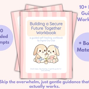 May include: A stack of workbooks with a pink and white striped background. The cover of the top workbook features the title "Building a Secure Future Together Workbook" with illustrations of two cartoon bunnies. Includes 40 guided prompts and bonus material.
