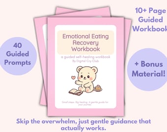 Może przedstawiać: Różowy zeszyt zatytułowany "Emotional Eating Recovery Workbook" z ilustracją misia z kreskówki. Zeszyt zawiera 40 wskazówek i materiały bonusowe. Tekst na okładce brzmi "przewodnik samouzdrawiania autorstwa Digital Cry Club."