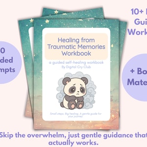 May include: A stack of workbooks titled "Healing from Traumatic Memories Workbook" with a sad panda illustration. The cover features text: "40 Guided Prompts", "10+ Page Guided Workbook", and "+ Bonus Material!"