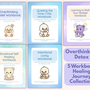 以下が含まれることがあります： 「Overthinking Relief Workbook」や「Intentional Living Workbook」などのタイトルが付いた5冊のワークブックのコレクション。各ワークブックには漫画の動物のイラストが描かれています。コレクションのタイトルは「Overthinking Detox: 5 Workbook Healing Journey Collection」です。
