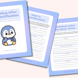 Op de afbeelding: Een set van drie lichtblauwe werkbladen met tekst en een cartoonpingu&iuml;n. Het bovenste werkblad leest "Healing After Parentification" met een pingu&iuml;nillustratie. De andere werkbladen hebben invulvragen.
