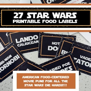 27 etiquetas imprimibles de comida de Star Wars: Menú de comida americana - Decoración del 4 de mayo - Tarjetas de buffet - Descarga instantánea - Archivos PDF - No editables