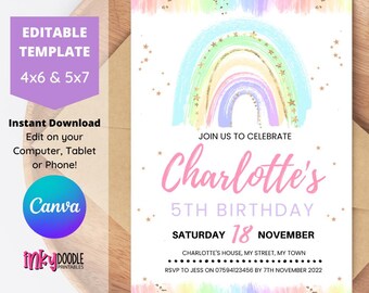 May include: Editable 5th birthday party invitation template featuring a rainbow with gold glitter accents and stars on a watercolour background. The text reads "Join us to celebrate Charlotte's 5th Birthday, Saturday 18 November, Charlotte's House, My Street, My Town, RSVP to Jess on 07594123456 by 7th November 2022".