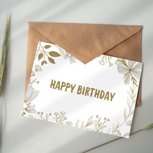 Cartão de aniversário dourado para impressão floral, cartão de aniversário com flores, impressão em casa, download digital, cartão de aniversário para ela, cartão de aniversário simples e elegante