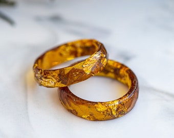 Amber Resin Ring, Honey Brown Gold Leaf Chunky Stacking Band Unisex Wedding Alternative Engagement
