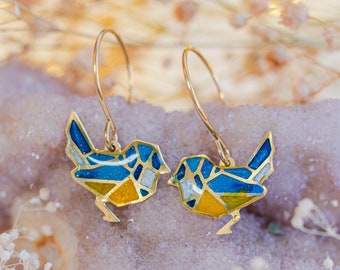 Blue Tit Bird  Earrings , Stained Glass inspired Dangles, Nature Cottagecore Jewelry, Woodland Animal Lover