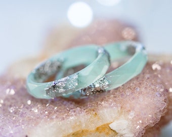 Mint Green Resin Promise Ring Silver Flakes, Stacking Minimalist Pastel band, christmas Jewelry Gift