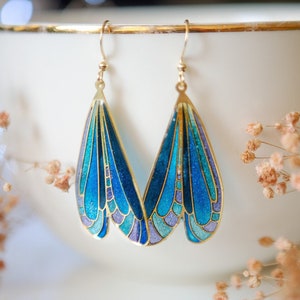Dragonfly Butterfly Wing Earrings, Iridescent Blue Purple Resin, Fairycore Cottagecore Stainless Steel Statement Gift