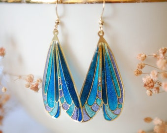 Dragonfly Butterfly Wing Earrings, Iridescent Blue Purple Resin, Fairycore Cottagecore Stainless Steel Statement Gift