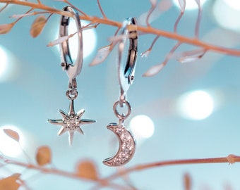 Celestial Moon Star Silver Huggie Hoop Earrings - Minimalist Stainless Steel Everyday Jewelry