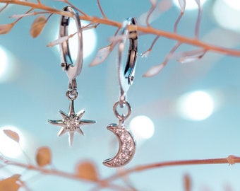 Moon & Star Hoops, silver star hoop earrings, silver moon hoop earrings, moon and star earrings, celestial earrings, minimalist earrings