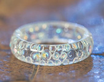Iridescent Bubble Resin Ring, Clear Holographic fantasy Band, Handmade Fairy Y2K Stacking statement jewelry