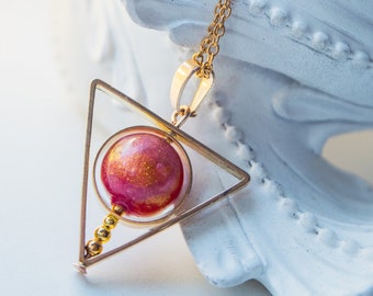 Gold Sun Necklace, Solar System Astronomy Space Spinner, Celestial Triangle Custom kinetic Science Jewelry