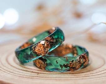 Green resin ring with rose gold flakes, thumb rings for women, unique rings, promise ring for her,Resin Jewelry,mens ring,cute rings for men