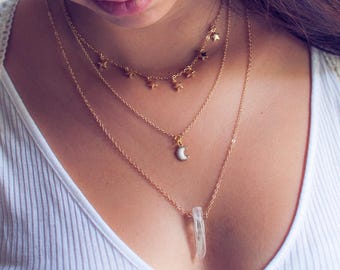 Celestial triple layer necklace, stainless steel moon star quartz pendant, adjustable multistrand set goldtone