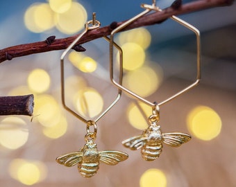 Bee Honeycomb Hexagon Hoop Earrings, Gold Silver Stainless Steel Geometric Nature Beekeeper Gift