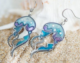Iridescent Jellyfish Earrings | Resin Ocean Dangles | Stainless Steel Hooks | Mermaidcore Marine Wildlife Gift
