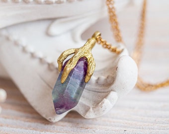 Rainbow fluorite necklace, fluorite crystal necklace , fluorite point pendant, double point necklace, bird claw necklace, gemstone necklace