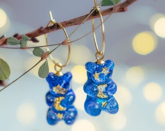 Moon and stars gummy bear earrings, candy bear charm hoop,teddy bear hoops, candy earrings,gummy jewelry, gift for her celestial jewelry