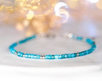 Dainty Apatite Bracelet: Tiny Blue Gemstone Beaded Stacking Jewelry for Women Delicate Birthstone Gift