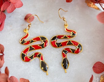 Coral Snake Earrings, Red Black Serpent Dangles, Witchy Gothic Statement Hypoallergenic Stainless Steel Jewelry