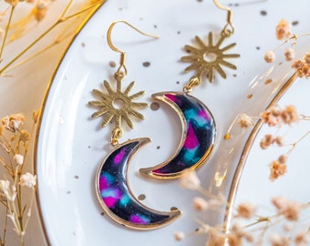 Handmade Tortoise Pattern Resin Crescent Moon Statement Earrings Black Celestial Dangle Boho Jewelry