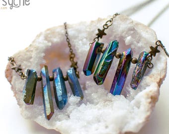 Raw Crystal Point Cluster Bar Necklace, Aura Quartz, Boho Layering Everyday Minimal Statement Jewelry