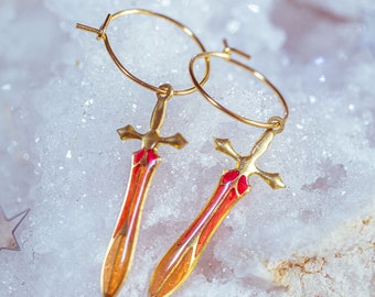 Fire Ice Sword Earrings Fantasy Dagger Hoops Stainless Steel Cosplay RPG Roleplay Gradient Gift