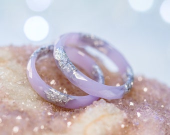 Lilac Resin Ring with Silver Flakes Stackable Thin Minimalist Band Women Promise Jewelry