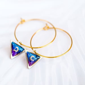 Galaxy and moon hoops, moon earrings,triangle hoop earrings, triangle earrings,boho earrings,celestial earrings,celestial jewelry,gold hoops