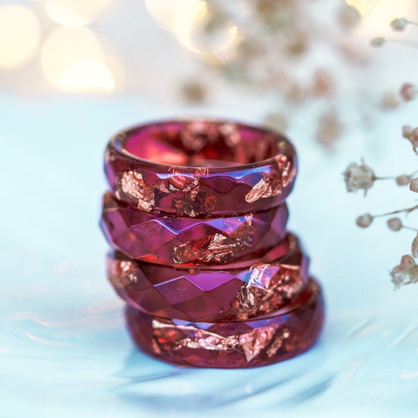 Plum resin ring with rose gold flakes, thumb rings for women, unique rings, promise ring for her,Resin Jewelry,mens ring,cute rings for men