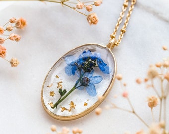 Vergissmeinnicht gepresste Blumen Halskette, Cottagecore Schmuck echte blaue Blume Schmuck Getrocknete Blumen in Harz Halskette botanischen Schmuck