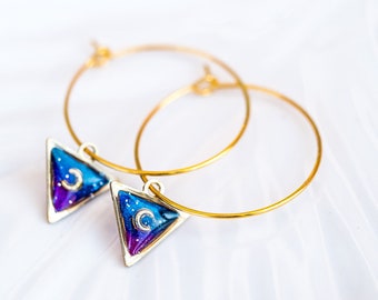 Galaxy Moon Triangle Resin Charm Hoop Earrings, Gold Stainless Steel Celestial Geometric Jewelry Dangles