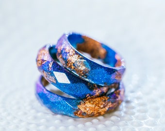 Iridescent Blue Resin Ring Rose Gold Flakes Faceted Hypoallergenic Band Men Engagement Jewelry Gift