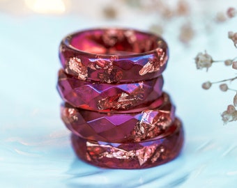 Plum Resin Ring Band Rose Gold Flakes Dainty Stacking Wedding Alternative Promise Jewelry Handmade