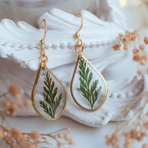 Brincos de samambaia prensada – Joias botânicas artesanais inspiradas na natureza, design de resina de samambaia real, brincos de aço inoxidável