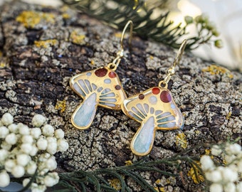 Handmade Mushroom Dangle Earrings Stainless Steel Resin Cottagecore Goblincore Fairycore Toadstool Nature Botanical Jewelry