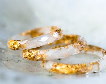 White Resin Ring Gold Flakes, Faceted Thin Stacking Band Minimalist Wedding Alternative Jewelry Unisex