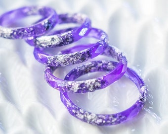 Purple Resin Ring with Silver Flakes, Faceted Band, Stacking, Lightweight Unisex Everyday Accessory