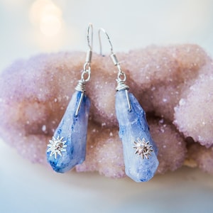 Raw stone earrings,Blue earrings,blue crystal earrings,sun earrings,raw gemstone jewelry gifts, teardrop earring, unique gift for women, image 1