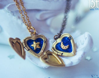 Celestial Moon Star Heart Locket Necklace | Gold Galaxy Layering Pendant Stainless Steel Fairycore Romantic