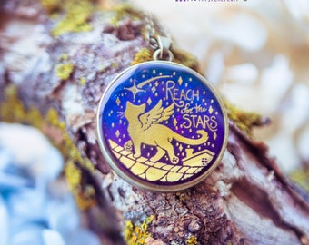 Winged Cat Necklace, Resin Cameo Pendant, Celestial Inspirational Illustrated Jewelry, Reach Stars