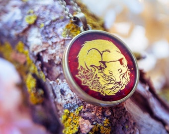 Gold Fox Necklace – Woodland Pendant with Sleeping Fox Design, Handmade Resin Illustrated Animal Jewelry
