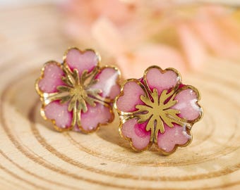 Pink Cherry Blossom Stud Earrings - Japanese Sakura Resin Flowers, Gold Silver stainless steel